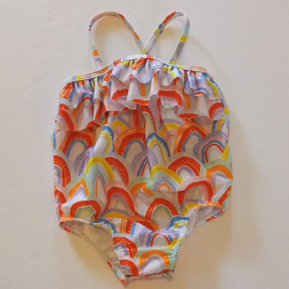 Wonder Nation Orange and Yellow One Piece Swimsuit with Ruffled Top